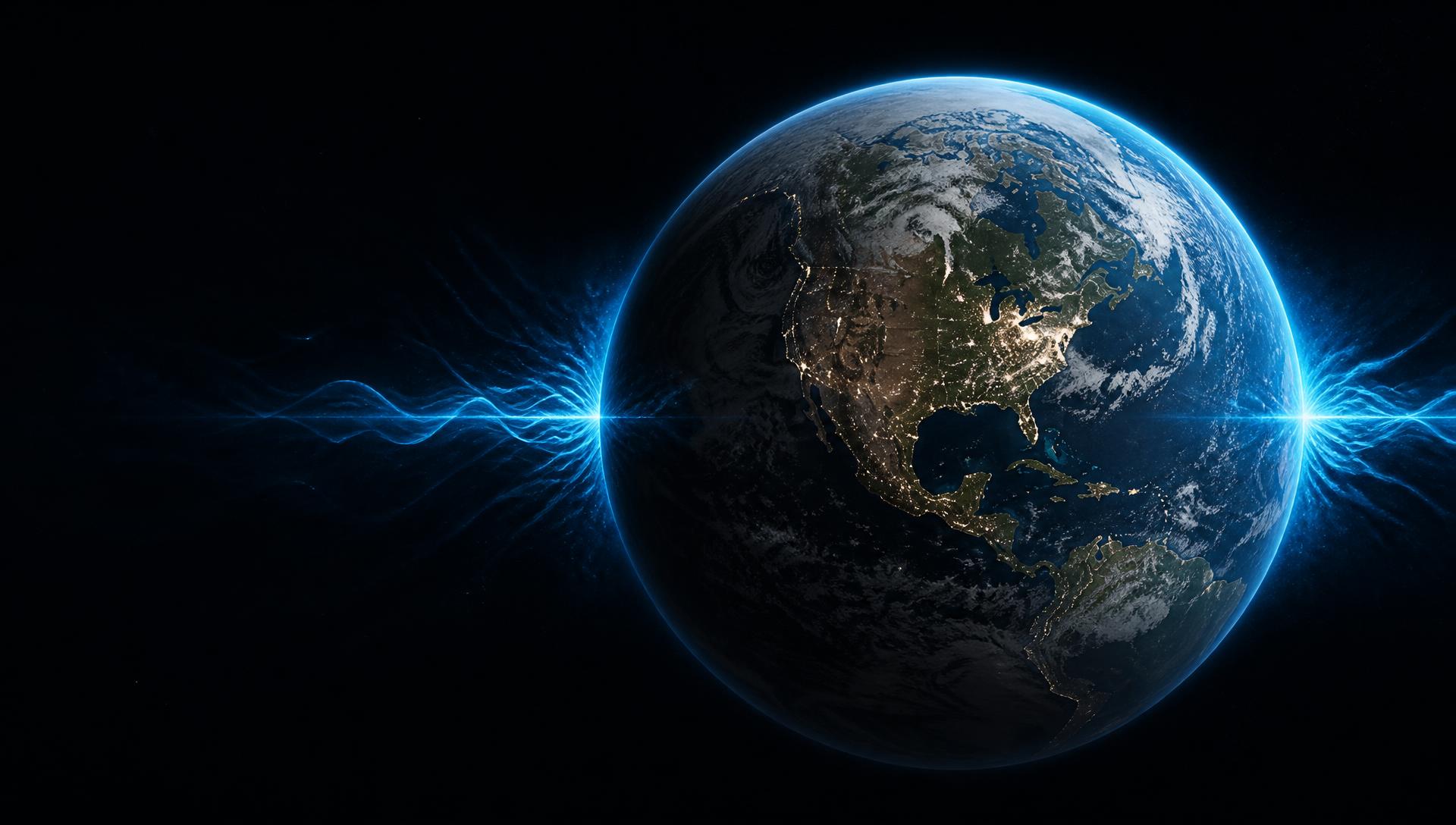 Earth viewed from space, visually compressed by opposing energy waves